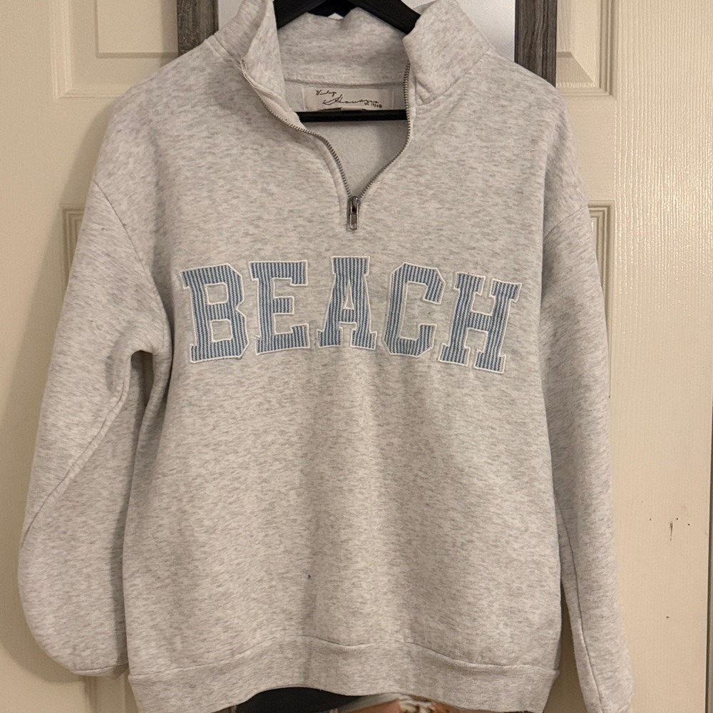 Gray Quarter-Zip Sweatshirt with Blue 'BEACH' Print